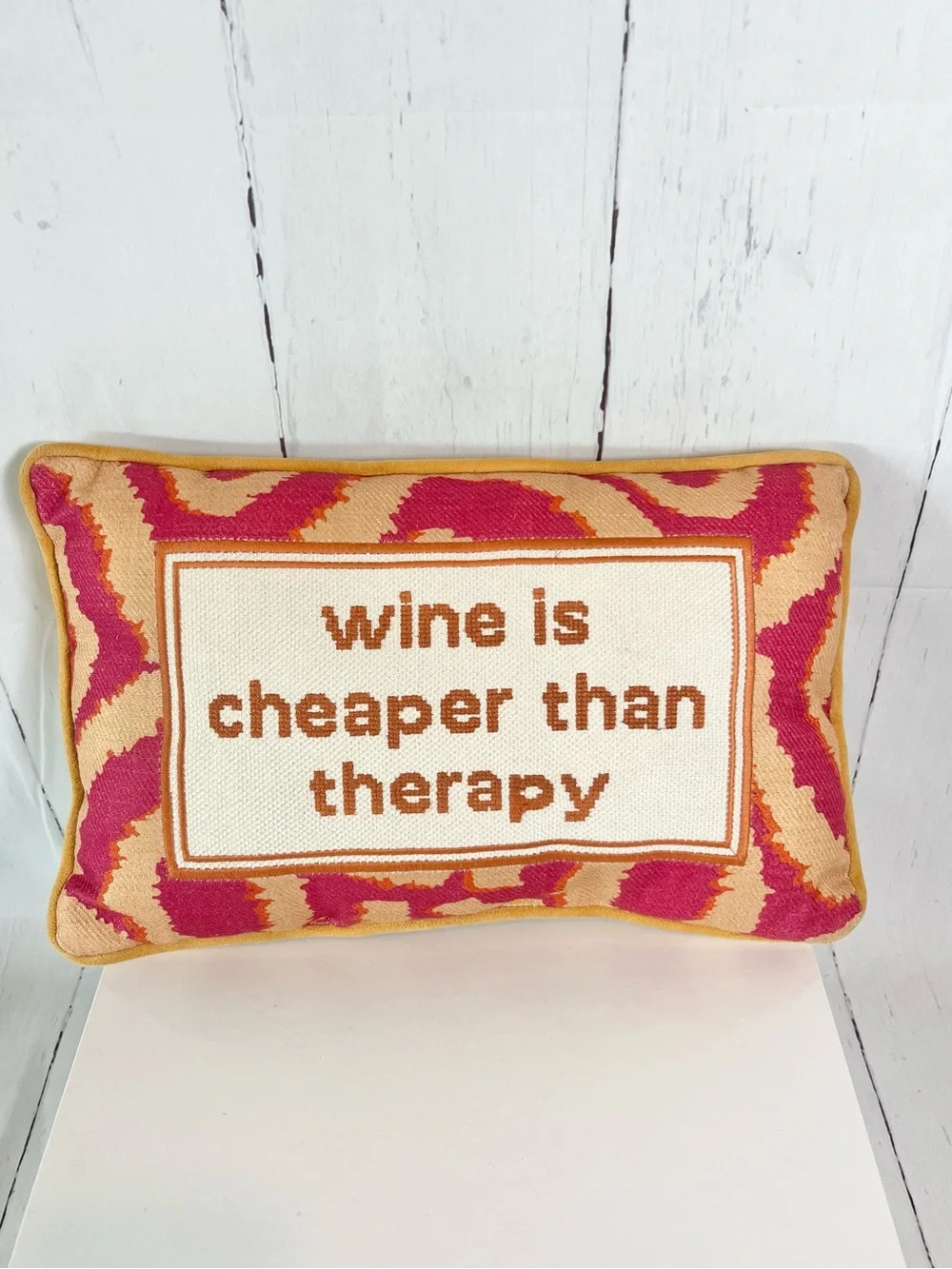 Wine Is Cheaper Than Therapy Needlepoint Pillow Pink Gold Zebra Velvet